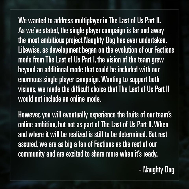 Illustration for article titled The Last Of Us Part II Will Not Include A Multiplayer Mode
